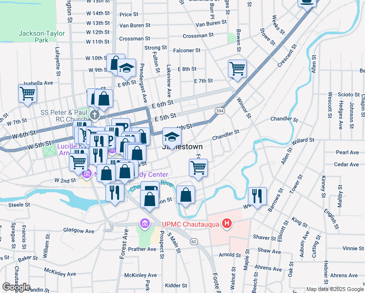 map of restaurants, bars, coffee shops, grocery stores, and more near in Jamestown