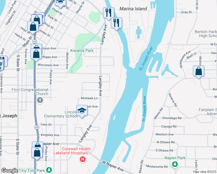 map of restaurants, bars, coffee shops, grocery stores, and more near 1409 Miller Drive in St. Joseph