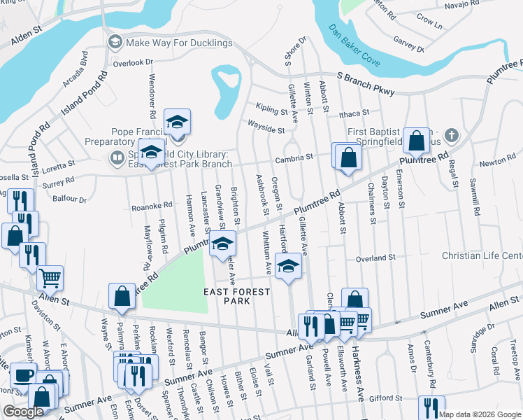 map of restaurants, bars, coffee shops, grocery stores, and more near 20 Ashbrook Street in Springfield