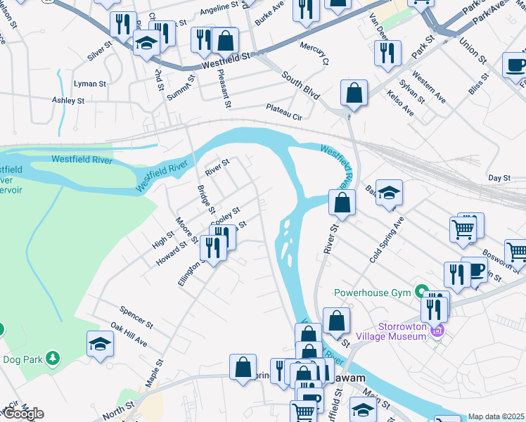 map of restaurants, bars, coffee shops, grocery stores, and more near 83 Walnut Street in Agawam