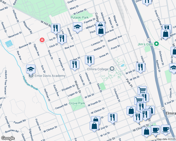 map of restaurants, bars, coffee shops, grocery stores, and more near 409 West Washington Avenue in Elmira