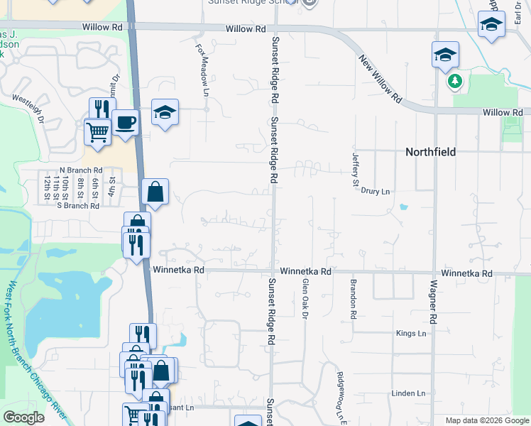 map of restaurants, bars, coffee shops, grocery stores, and more near 2300 Dorina Drive in Northfield