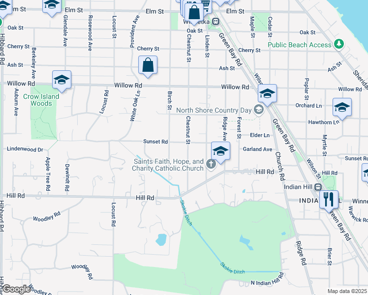 map of restaurants, bars, coffee shops, grocery stores, and more near 811 Sunset Road in Winnetka