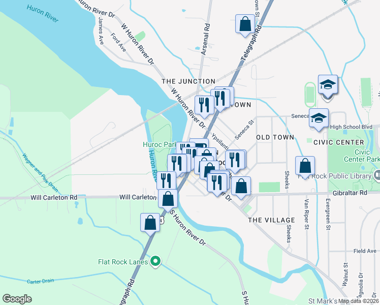 map of restaurants, bars, coffee shops, grocery stores, and more near 28744 Telegraph Road in Flat Rock