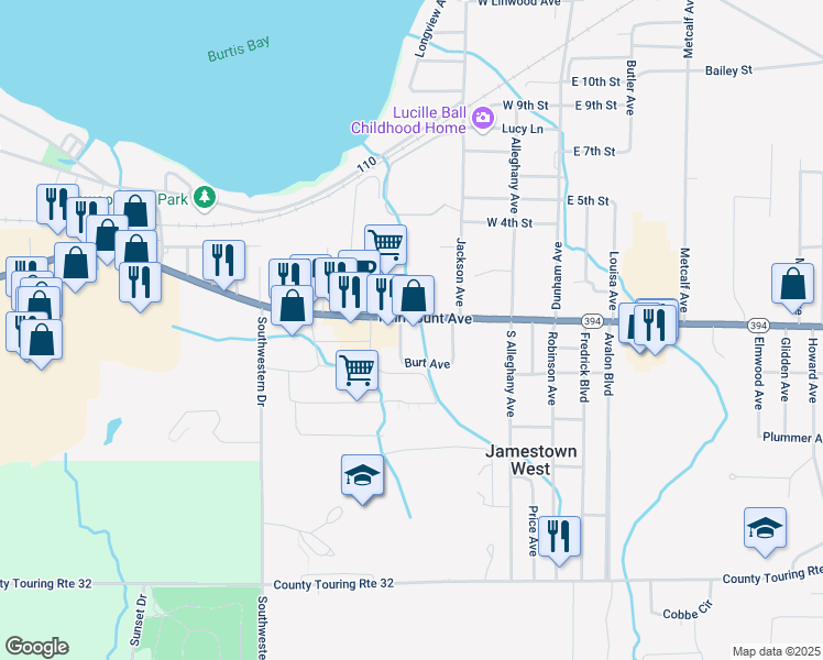 map of restaurants, bars, coffee shops, grocery stores, and more near 26 Burt Avenue in Jamestown