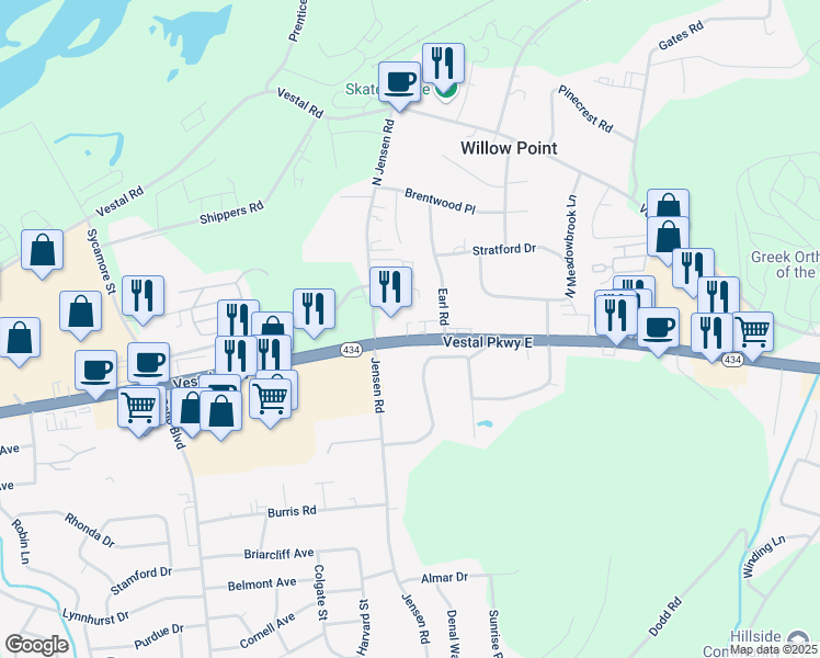 map of restaurants, bars, coffee shops, grocery stores, and more near 3325 Vestal Parkway East in Vestal