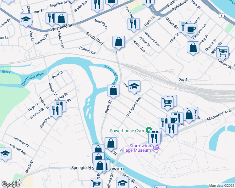 map of restaurants, bars, coffee shops, grocery stores, and more near 269 River Street in West Springfield