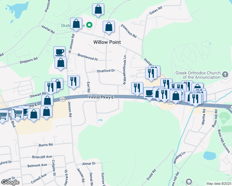 map of restaurants, bars, coffee shops, grocery stores, and more near 3469 Vestal Parkway East in Vestal