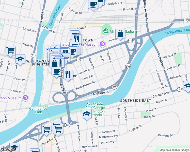 map of restaurants, bars, coffee shops, grocery stores, and more near 47 Carroll Street in Binghamton