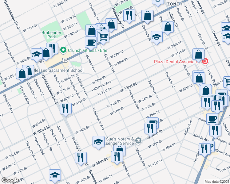map of restaurants, bars, coffee shops, grocery stores, and more near 1334 West 31st Street in Erie
