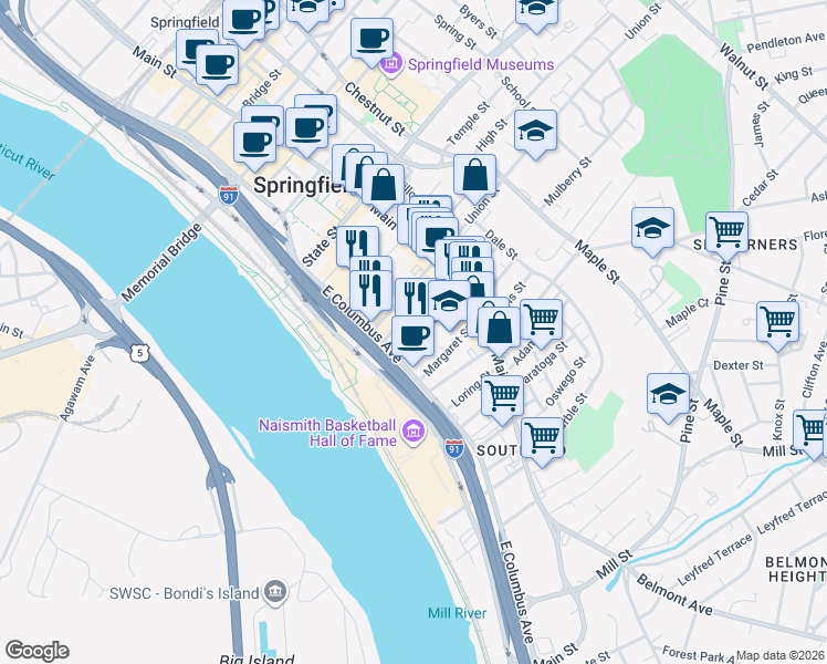 map of restaurants, bars, coffee shops, grocery stores, and more near 49 Wilcox Street in Springfield