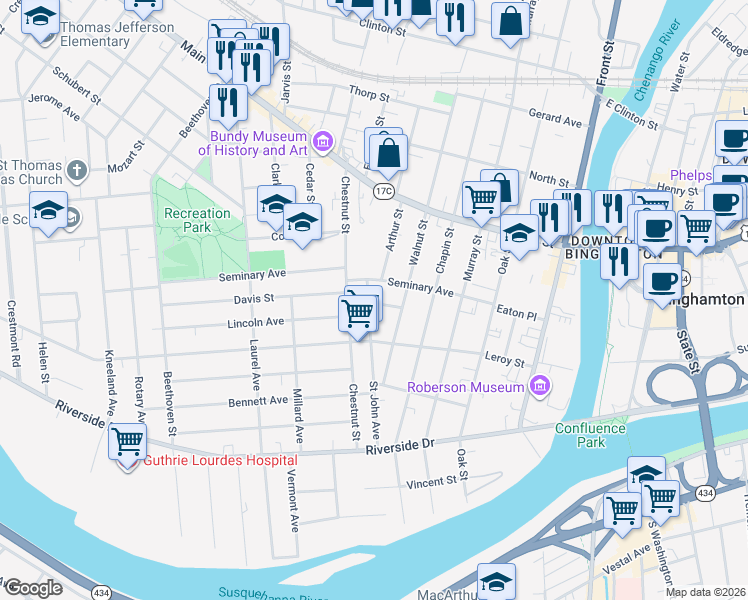 map of restaurants, bars, coffee shops, grocery stores, and more near 49 Seminary Avenue in Binghamton