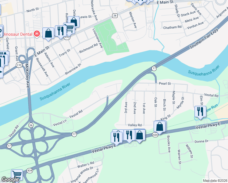 map of restaurants, bars, coffee shops, grocery stores, and more near 1224 Edward Street in Vestal