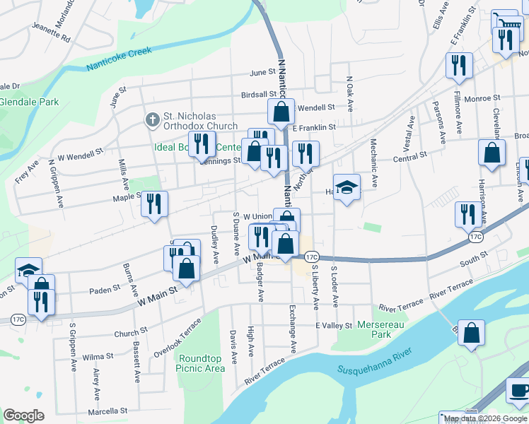 map of restaurants, bars, coffee shops, grocery stores, and more near 109 West Union Street in Endicott