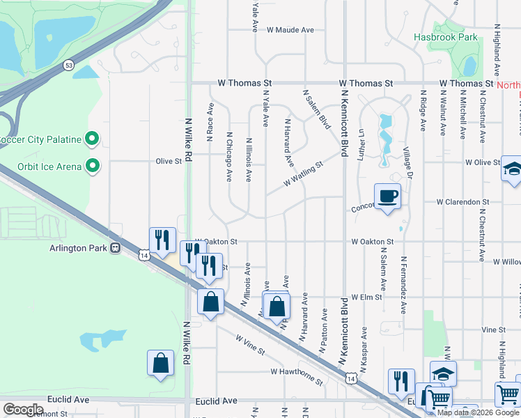 map of restaurants, bars, coffee shops, grocery stores, and more near 1221 North Illinois Avenue in Arlington Heights