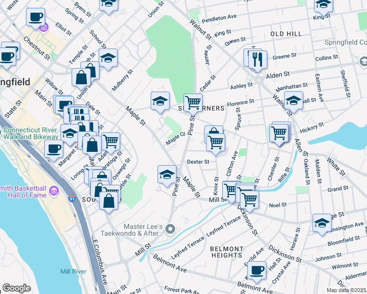 map of restaurants, bars, coffee shops, grocery stores, and more near 274 Pine Street in Springfield