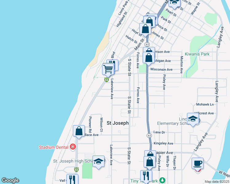 map of restaurants, bars, coffee shops, grocery stores, and more near 1739 Lakeview Avenue in St. Joseph