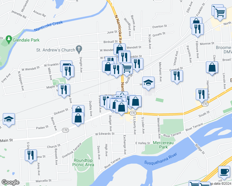 map of restaurants, bars, coffee shops, grocery stores, and more near 109 West Union Street in Endicott