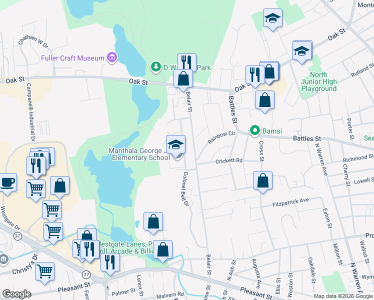 map of restaurants, bars, coffee shops, grocery stores, and more near 247 Belair Street in Brockton
