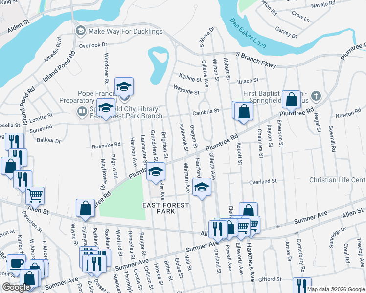 map of restaurants, bars, coffee shops, grocery stores, and more near 40 Ashbrook Street in Springfield