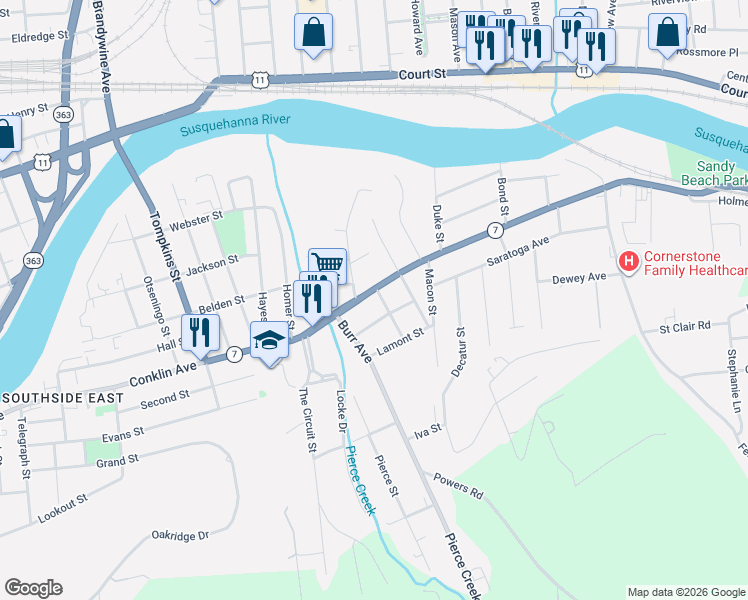 map of restaurants, bars, coffee shops, grocery stores, and more near in Binghamton