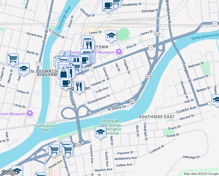 map of restaurants, bars, coffee shops, grocery stores, and more near 52 Carroll Street in Binghamton