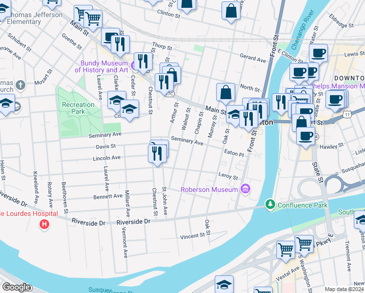 map of restaurants, bars, coffee shops, grocery stores, and more near 33 Seminary Avenue in Binghamton
