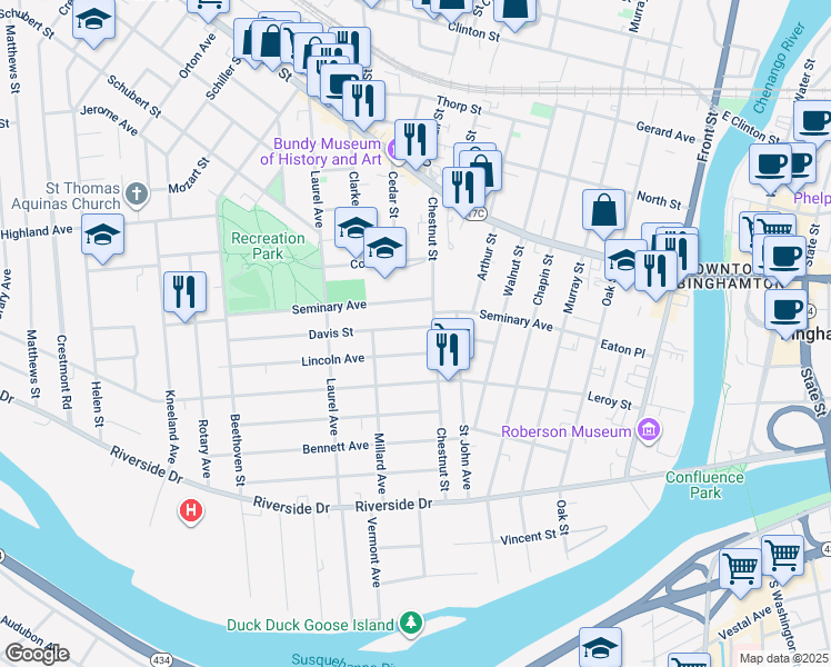 map of restaurants, bars, coffee shops, grocery stores, and more near 63 Chestnut Street in Binghamton