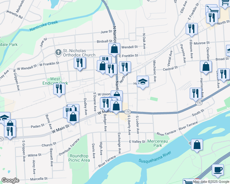 map of restaurants, bars, coffee shops, grocery stores, and more near 109 West Union Street in Endicott