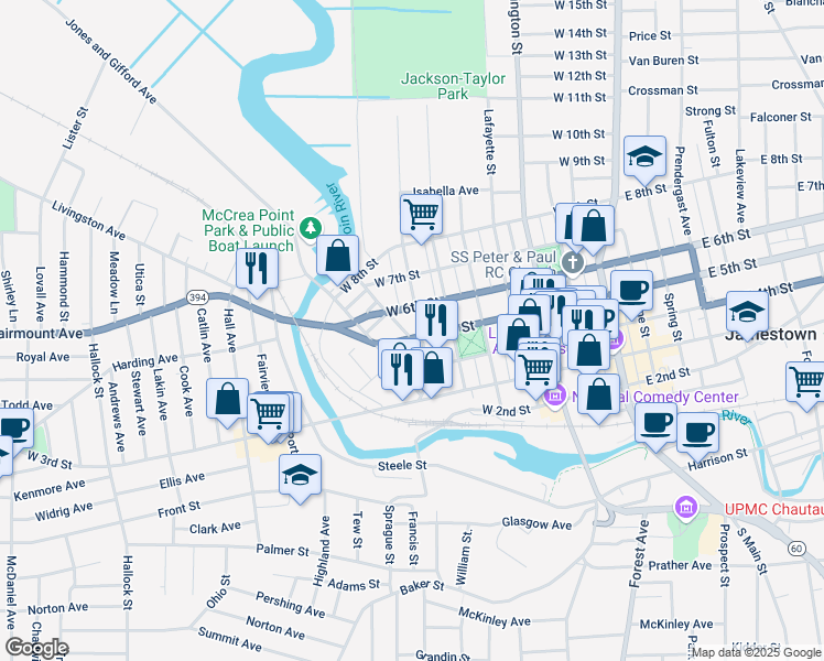 map of restaurants, bars, coffee shops, grocery stores, and more near 515 Monroe Street in Jamestown