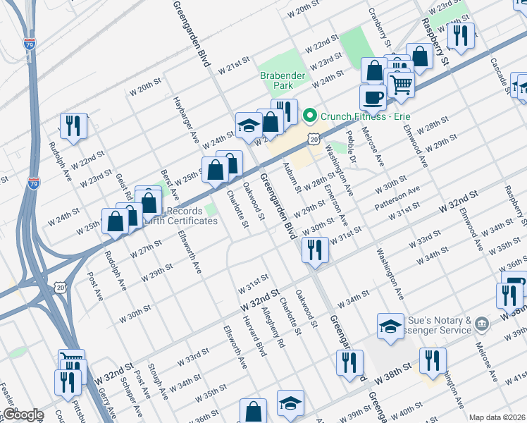 map of restaurants, bars, coffee shops, grocery stores, and more near 2722 Greengarden Boulevard in Erie