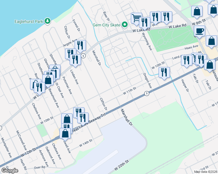 map of restaurants, bars, coffee shops, grocery stores, and more near 925 Marshall Drive in Erie