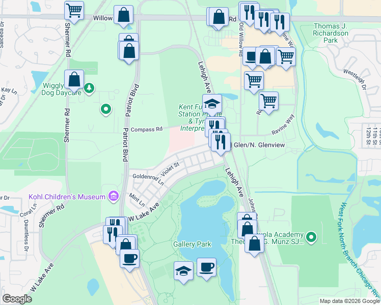 map of restaurants, bars, coffee shops, grocery stores, and more near 2448 Violet Street in Glenview