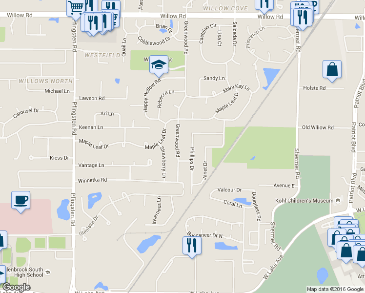 map of restaurants, bars, coffee shops, grocery stores, and more near 2325 Greenwood Road in Glenview