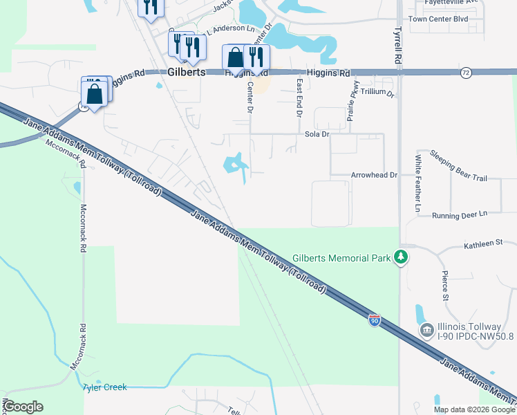 map of restaurants, bars, coffee shops, grocery stores, and more near 161 Center Drive in Gilberts