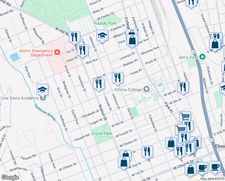 map of restaurants, bars, coffee shops, grocery stores, and more near 422 West Washington Avenue in Elmira
