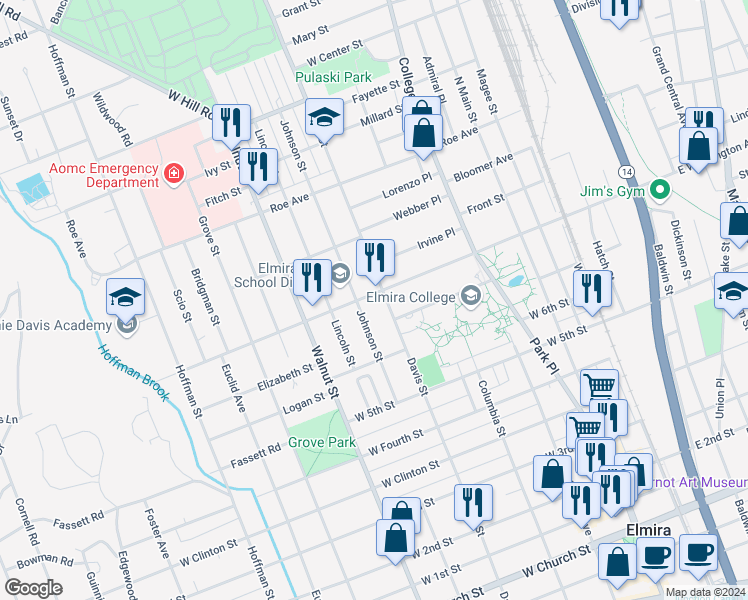 map of restaurants, bars, coffee shops, grocery stores, and more near 865 Davis Street in Elmira