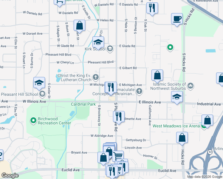 map of restaurants, bars, coffee shops, grocery stores, and more near 712 South Plum Grove Road in Palatine