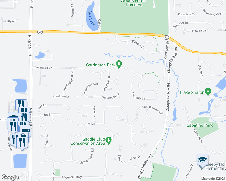 map of restaurants, bars, coffee shops, grocery stores, and more near 637 Straton Circle in West Dundee