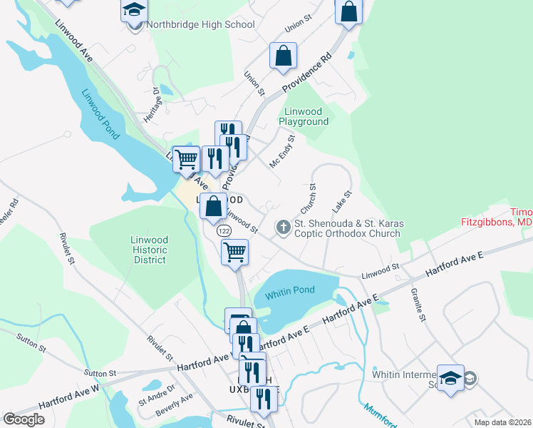 map of restaurants, bars, coffee shops, grocery stores, and more near 18 Wall Street in Uxbridge