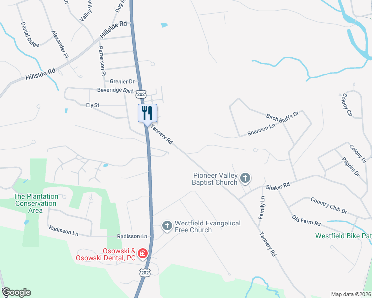 map of restaurants, bars, coffee shops, grocery stores, and more near 34 Tannery Road in Westfield