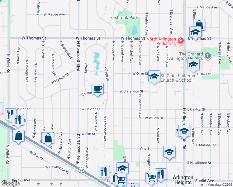 map of restaurants, bars, coffee shops, grocery stores, and more near 516 West Clarendon Street in Arlington Heights