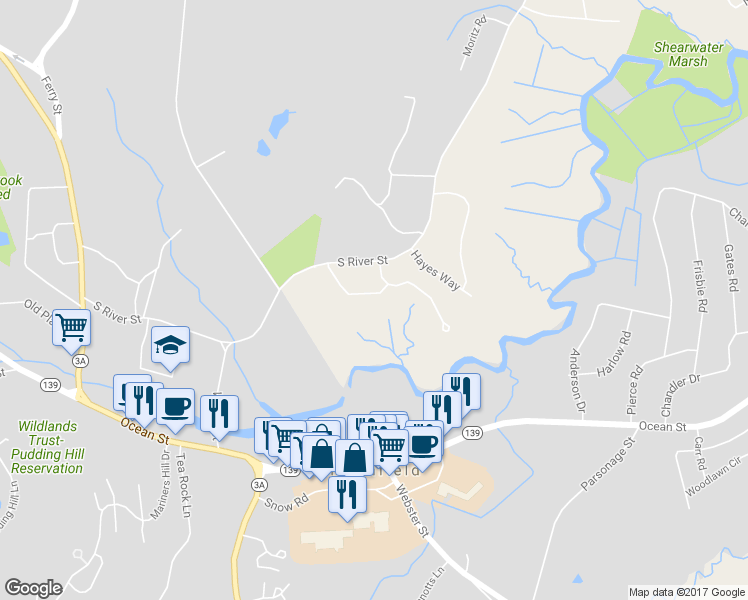 map of restaurants, bars, coffee shops, grocery stores, and more near 28 Weston Farm Path in Marshfield