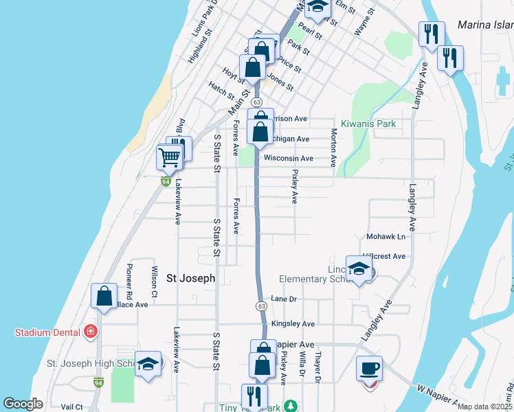 map of restaurants, bars, coffee shops, grocery stores, and more near Michigan 63 in St. Joseph