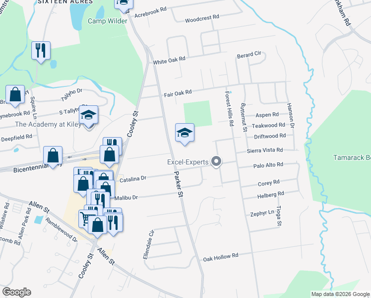 map of restaurants, bars, coffee shops, grocery stores, and more near 1801 Parker Street in Springfield