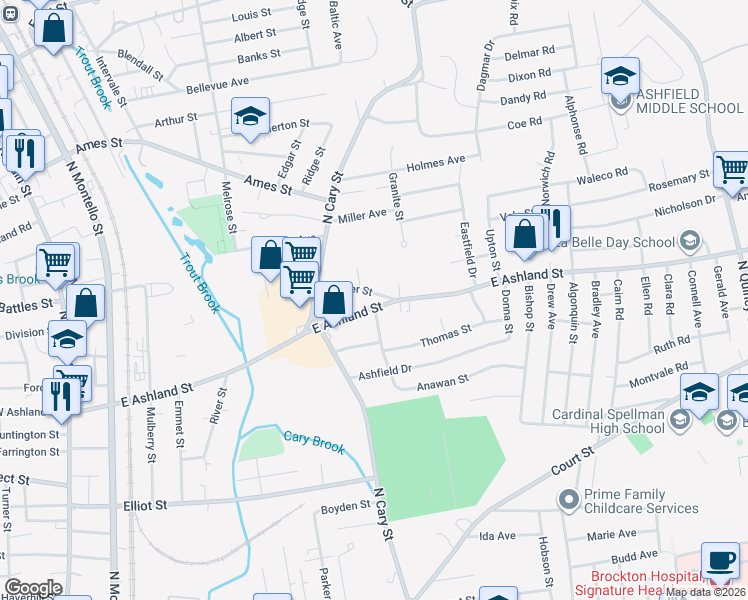 map of restaurants, bars, coffee shops, grocery stores, and more near 320 East Ashland Street in Brockton