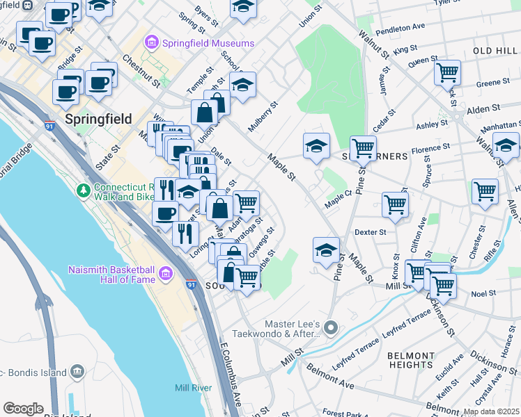 map of restaurants, bars, coffee shops, grocery stores, and more near 9-11 Richelieu Street in Springfield