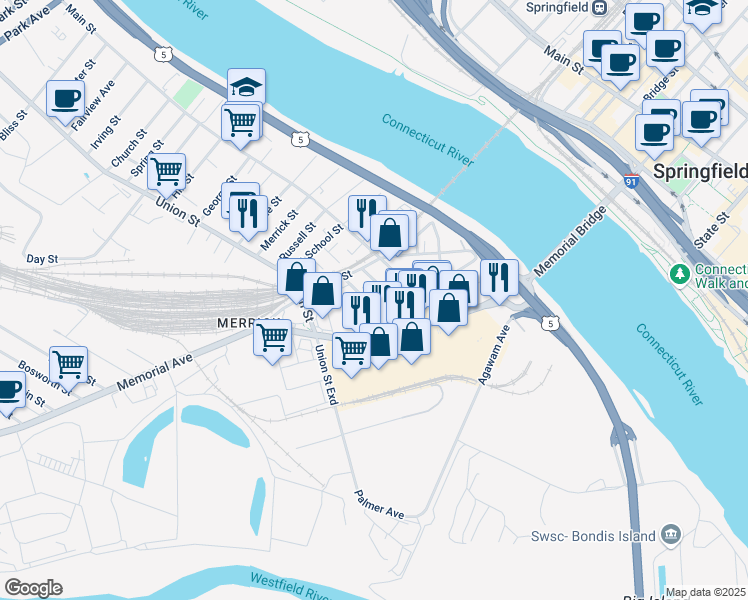 map of restaurants, bars, coffee shops, grocery stores, and more near 151 New Bridge Street in West Springfield