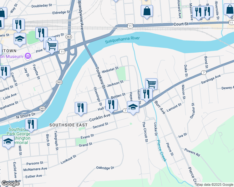 map of restaurants, bars, coffee shops, grocery stores, and more near 50 Broome Street in Binghamton