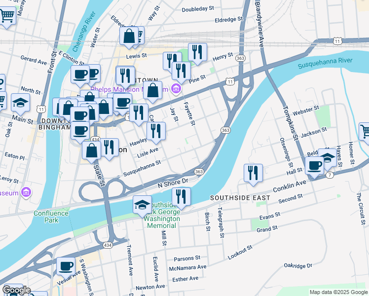 map of restaurants, bars, coffee shops, grocery stores, and more near 149 Susquehanna Street in Binghamton